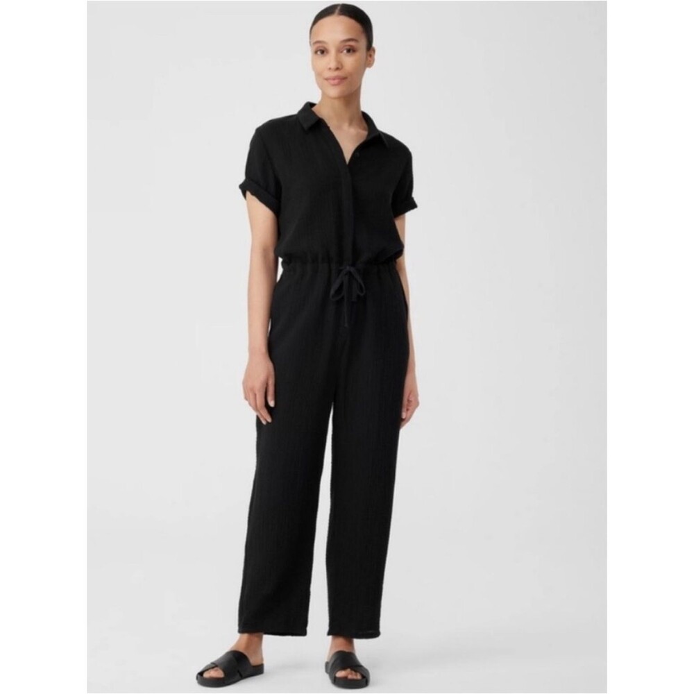 Eileen Fisher Black Organic Cotton Gauze Short Sleeve Jumpsuit Size XXS